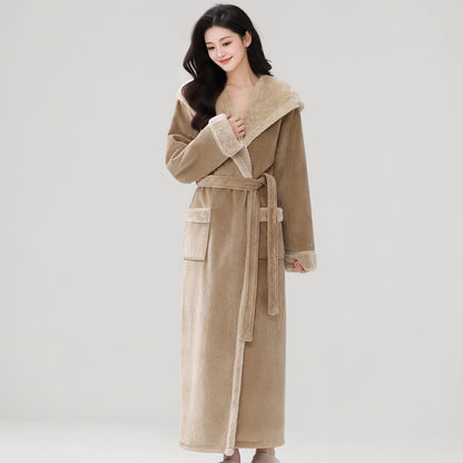 Ownkoti Cozy Plush Sherpa Hooded Long Bathrobe - Khaki - Women XL - image 3