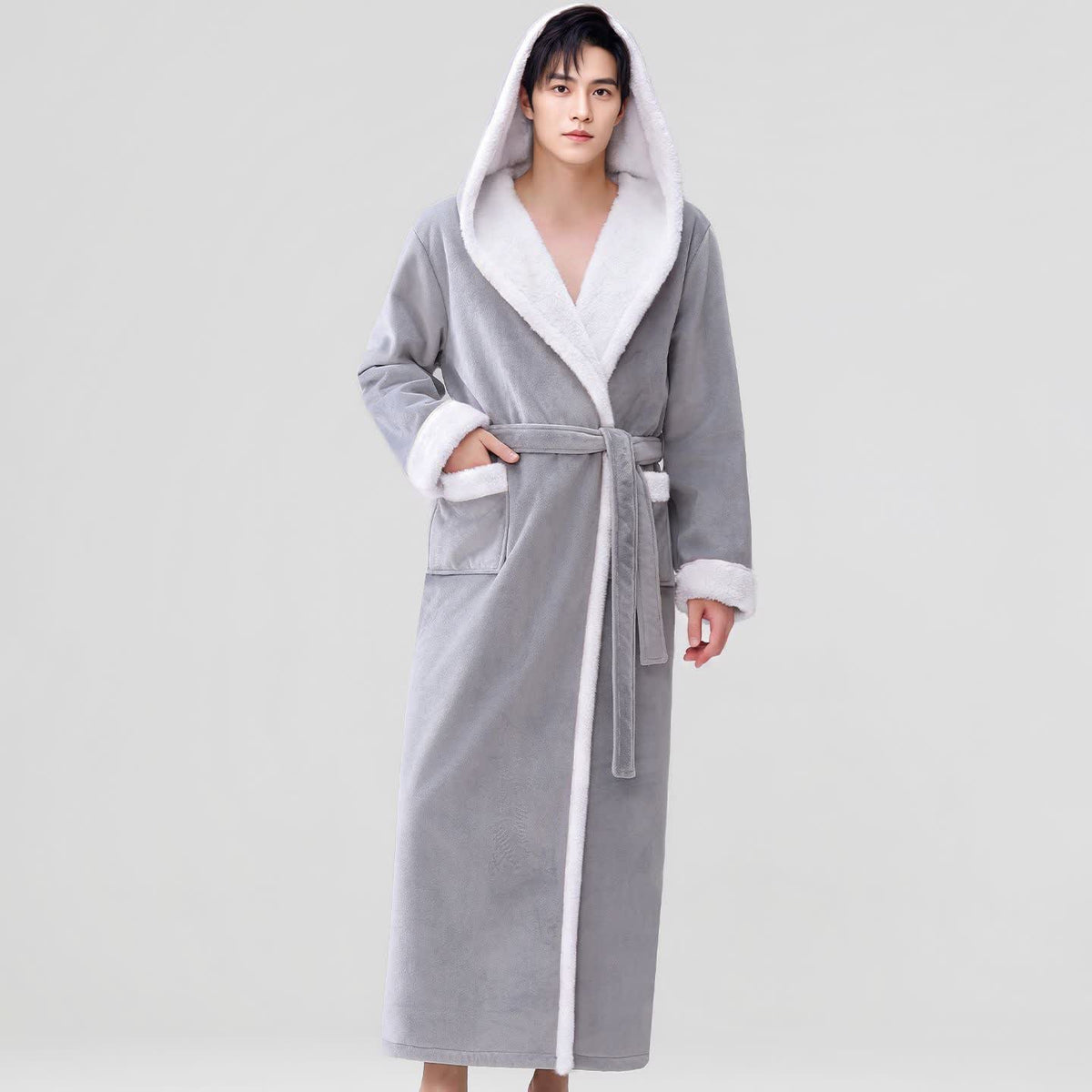 Ownkoti Cozy Plush Sherpa Hooded Long Bathrobe - Light Gray - Men XL - image 6