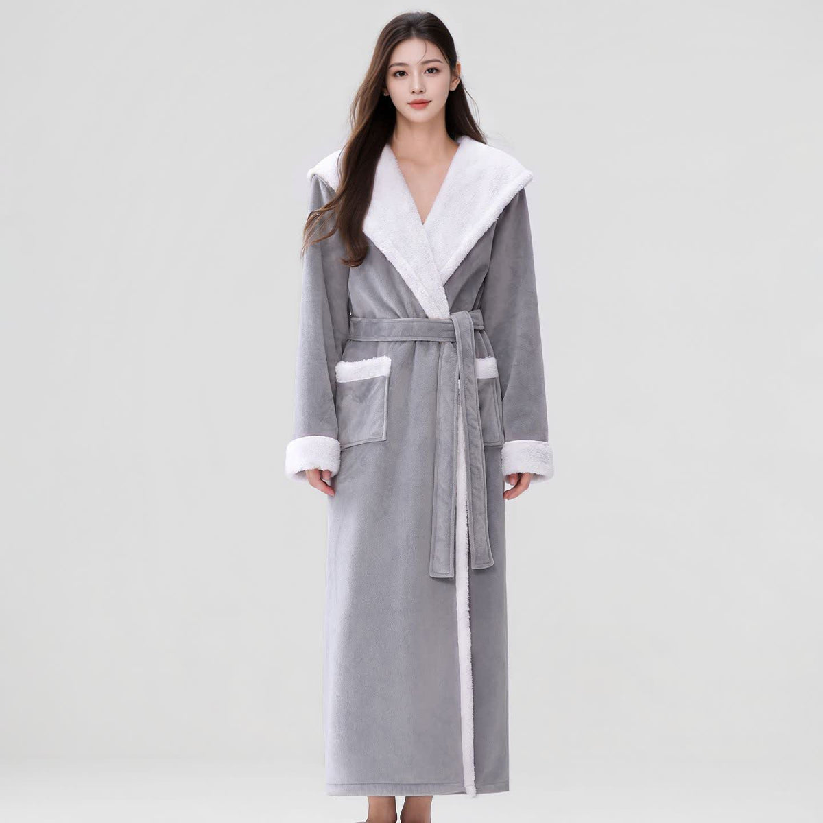 Ownkoti Cozy Plush Sherpa Hooded Long Bathrobe - Light Gray - Women XL - image 5