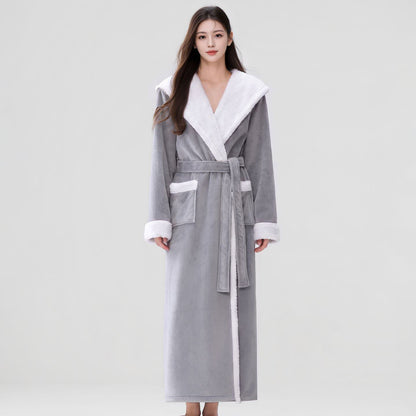Ownkoti Cozy Plush Sherpa Hooded Long Bathrobe - Light Gray - Women XL - image 5