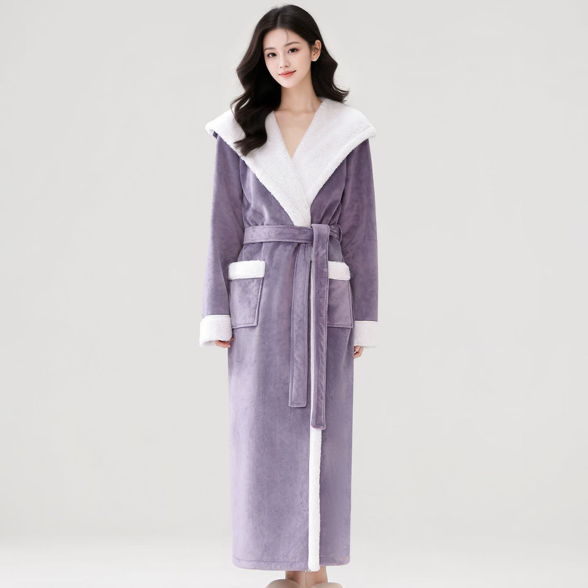 Ownkoti Cozy Plush Sherpa Hooded Long Bathrobe - Purple - Women XL - image 9