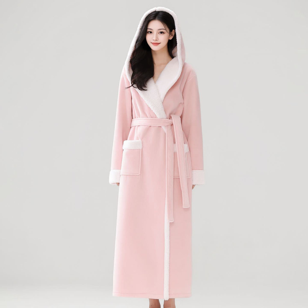 Ownkoti Cozy Plush Sherpa Hooded Long Bathrobe - Pink - Women XL - image 10
