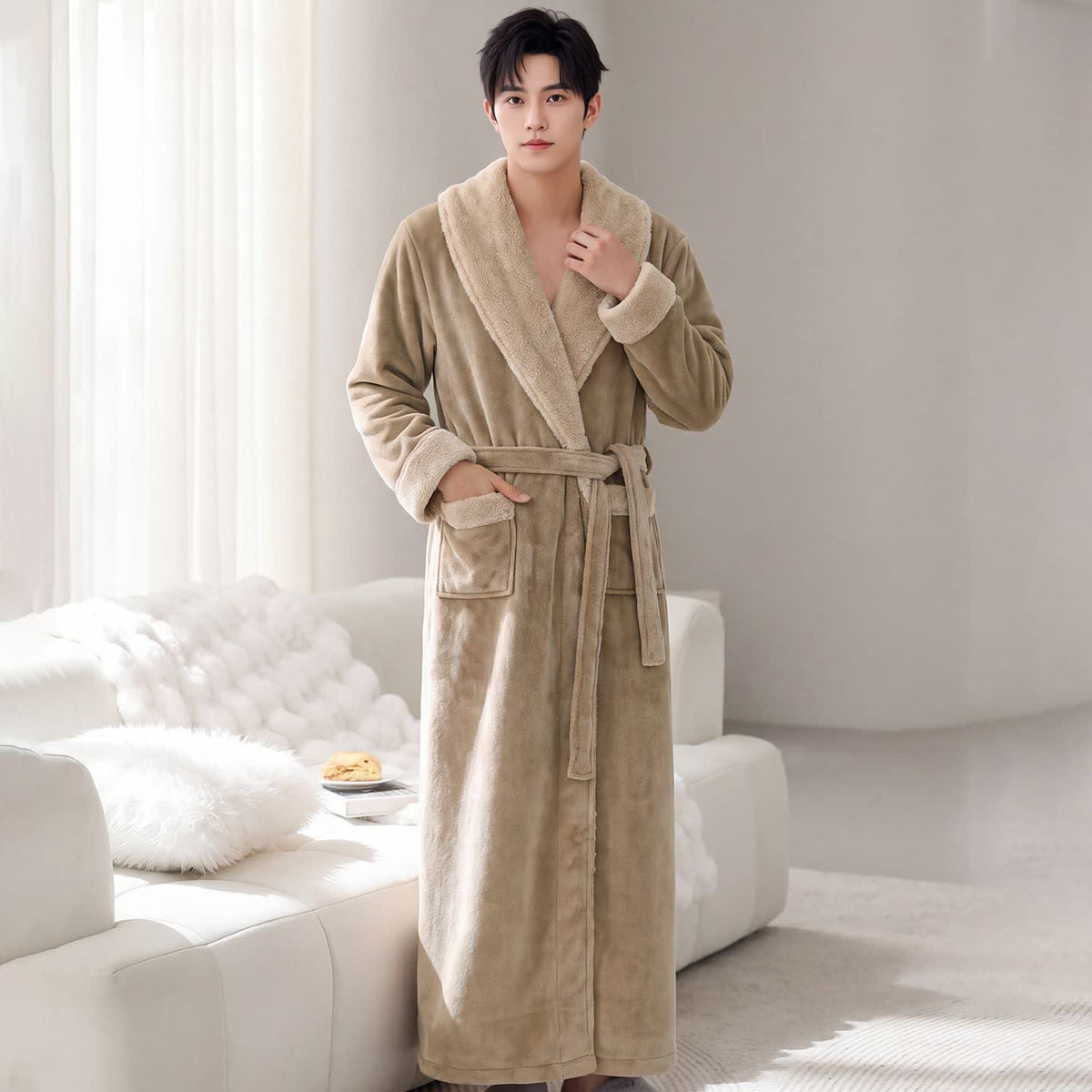 Ownkoti Cozy Shawl Collar Fleece Lounge Bathrobe - Khaki - Men XL - image 4