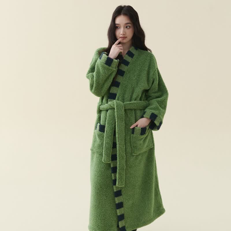 Ownkoti Soft Contrast Trim Plush Fleece Robe - image 2