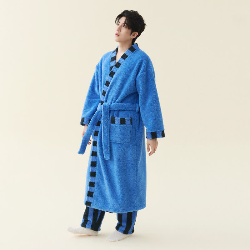 Ownkoti Soft Contrast Trim Plush Fleece Robe - Blue - Bathrobe with pants - Men 2XL - image 5