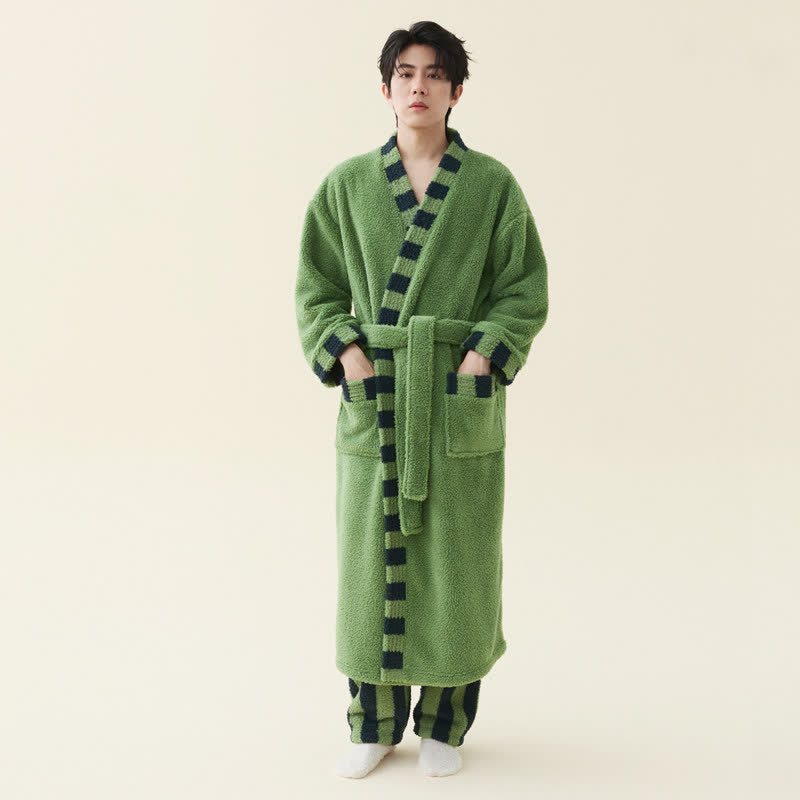 Ownkoti Soft Contrast Trim Plush Fleece Robe - Avocado Green - Bathrobe with pants - Men 2XL - image 3