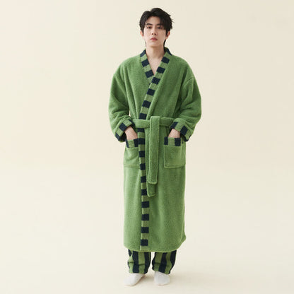 Ownkoti Soft Contrast Trim Plush Fleece Robe - Avocado Green - Bathrobe with pants - Men 2XL - image 3