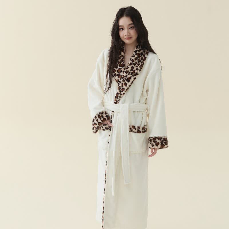 Ownkoti Leopard Trim Long Plush Fleece Bathrobe - White - XL - image 1