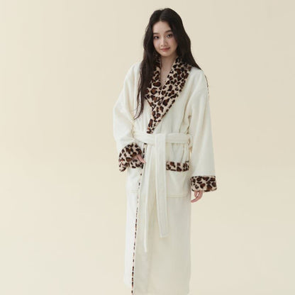 Ownkoti Leopard Trim Long Plush Fleece Bathrobe - White - XL - image 1
