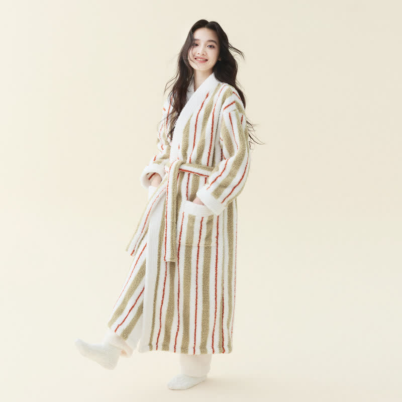 Ownkoti Longline Striped Fleece Kimono Bathrobe - Off-white - Women XL - image 1