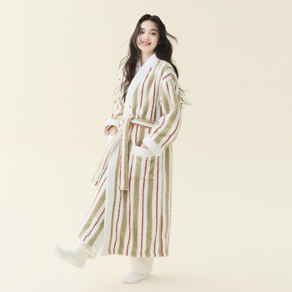 Ownkoti Longline Striped Fleece Kimono Bathrobe - Off-white - Women XL - image 1