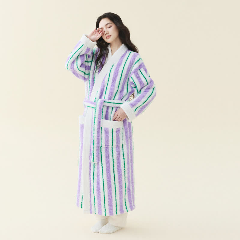 Ownkoti Longline Striped Fleece Kimono Bathrobe - Purple - Women XL - image 11