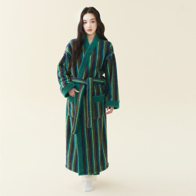 Ownkoti Longline Striped Fleece Kimono Bathrobe - Dark Green - Women XL - image 4