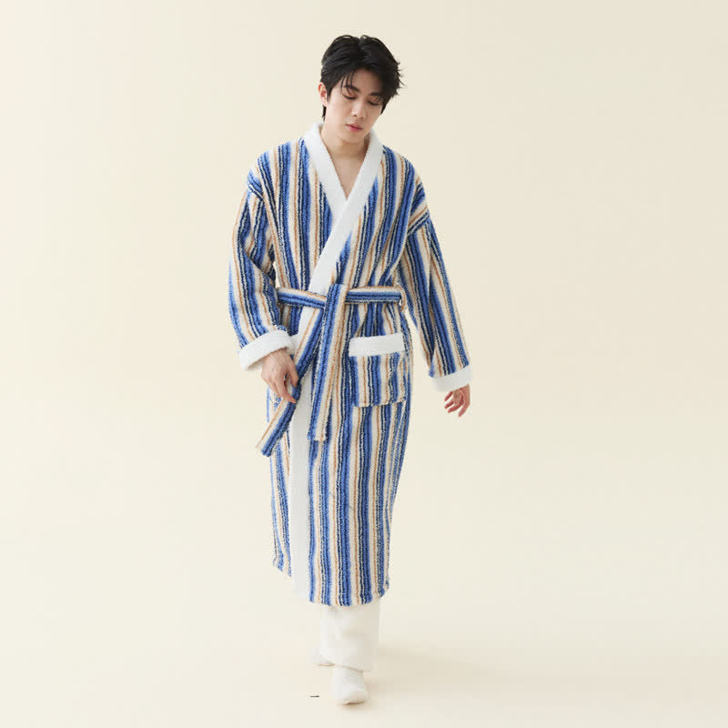 Ownkoti Longline Striped Fleece Kimono Bathrobe - Navy Blue - Men 2XL - image 8