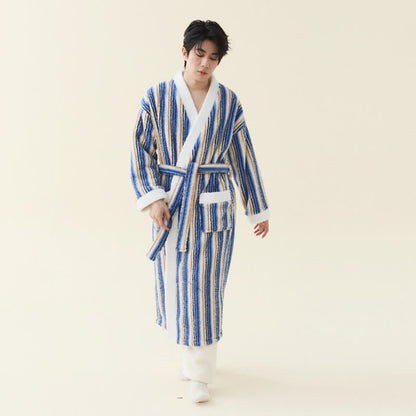 Ownkoti Longline Striped Fleece Kimono Bathrobe - Navy Blue - Men 2XL - image 8