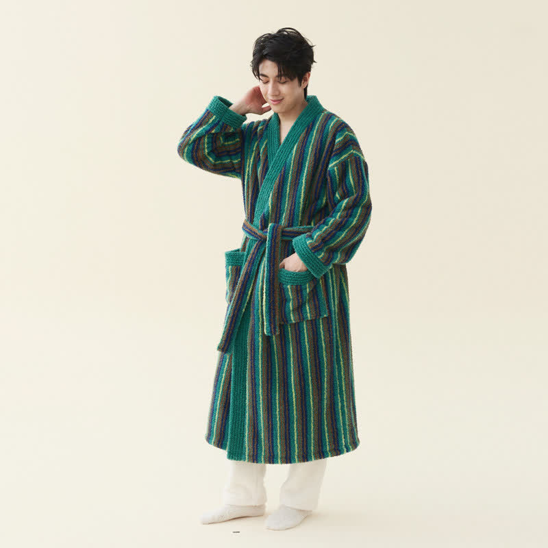 Ownkoti Longline Striped Fleece Kimono Bathrobe - Dark Green - Men 2XL - image 5