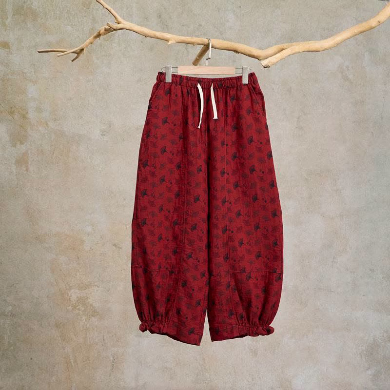 Ownkoti Vintage Ginkgo Leaf Cotton Harem Pants - Red - XXL - image 0