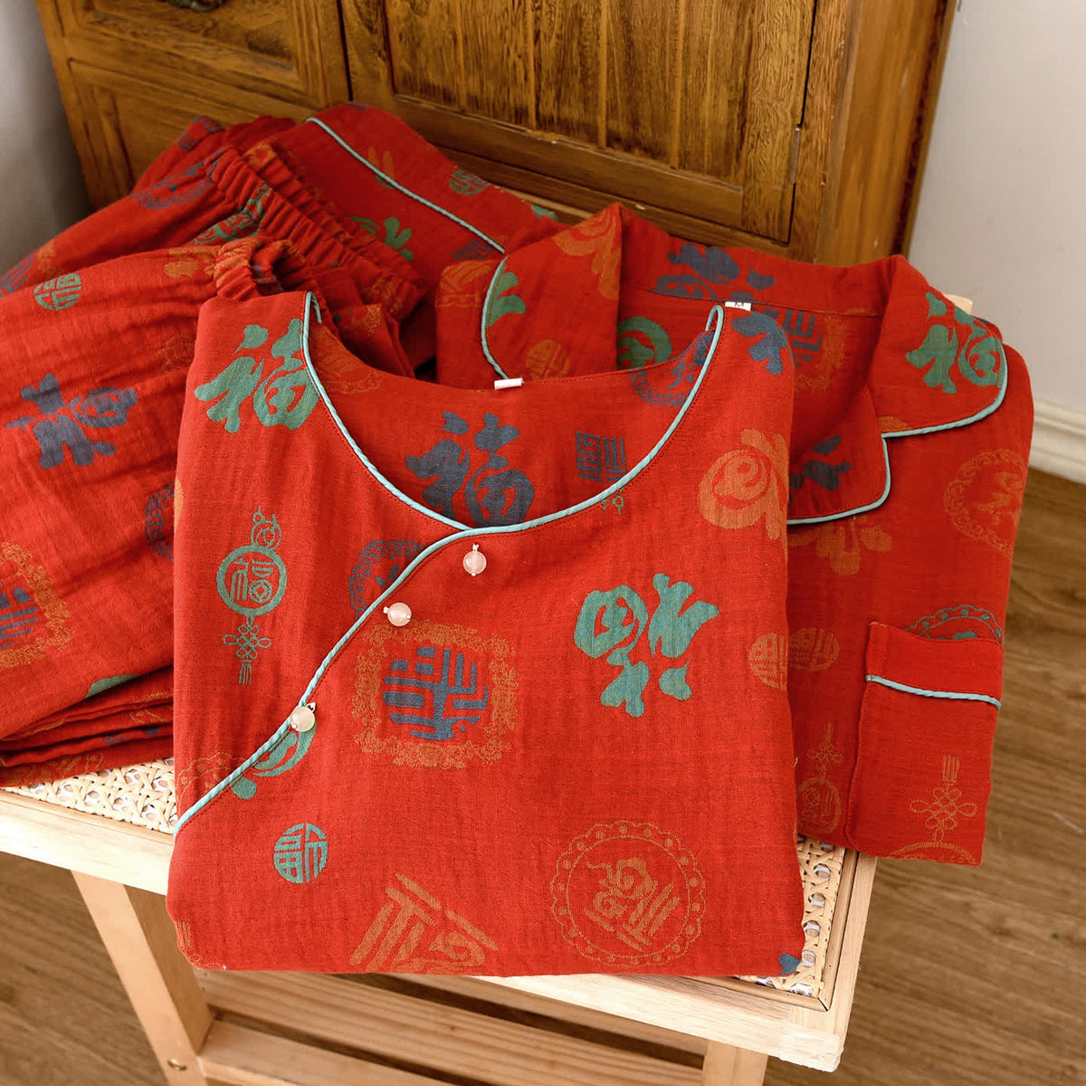 Ownkoti Chinese Red Cotton Fu Motif Pajama Set - image 1
