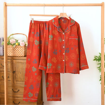 Ownkoti Chinese Red Cotton Fu Motif Pajama Set - Red - Lapel Collar - XL - image 3