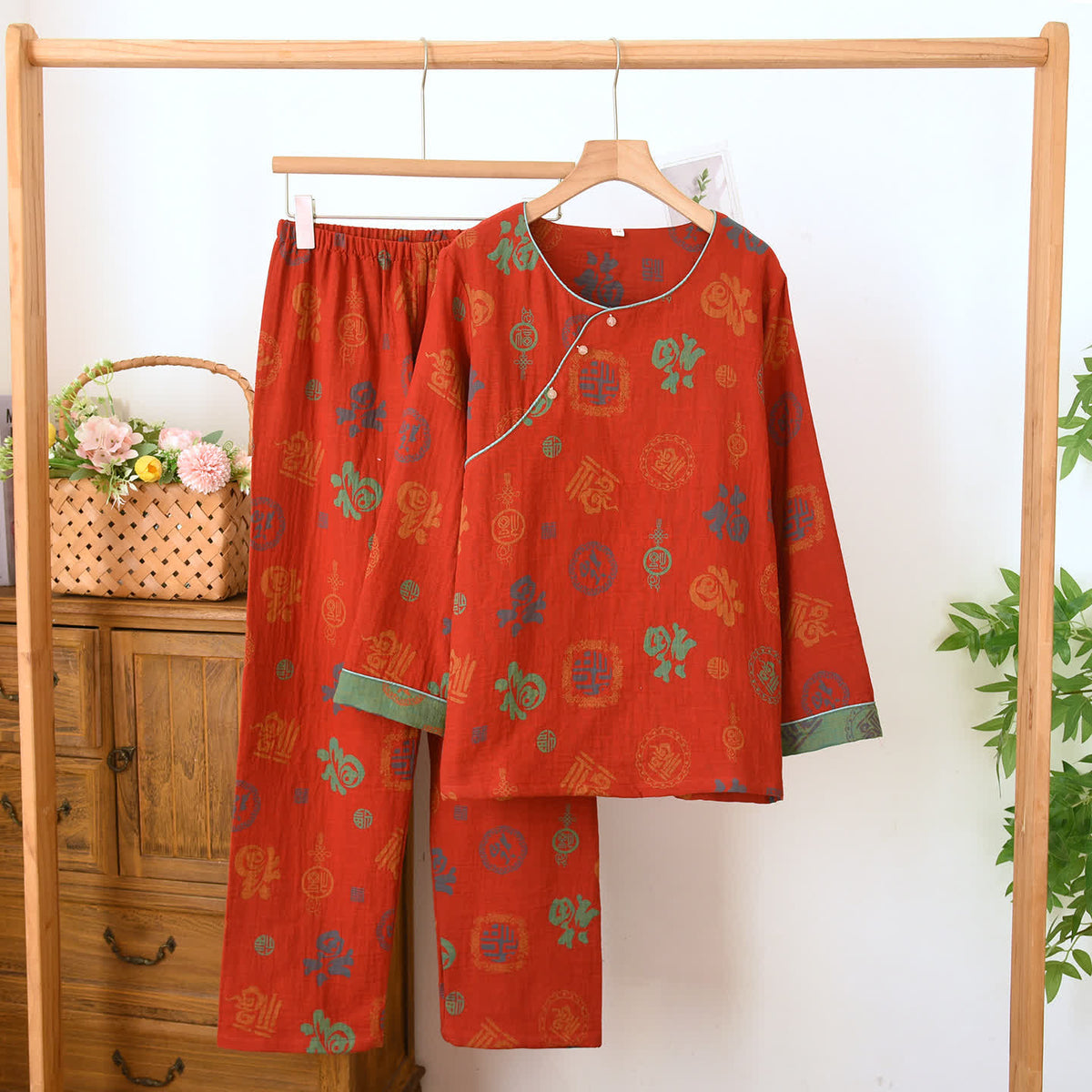 Ownkoti Chinese Red Cotton Fu Motif Pajama Set - Red - Round Neck - XL - image 2