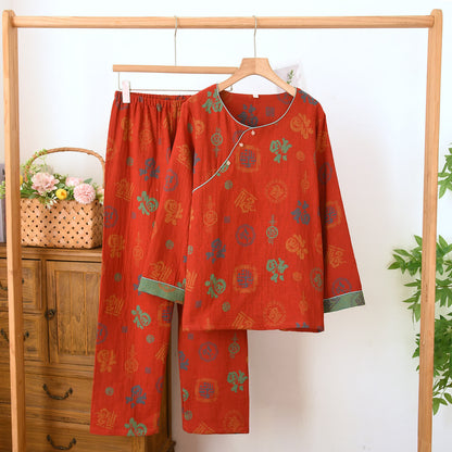 Ownkoti Chinese Red Cotton Fu Motif Pajama Set - Red - Round Neck - XL - image 2