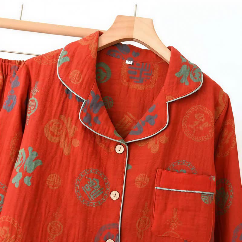 Ownkoti Chinese Red Cotton Fu Motif Pajama Set - image 4