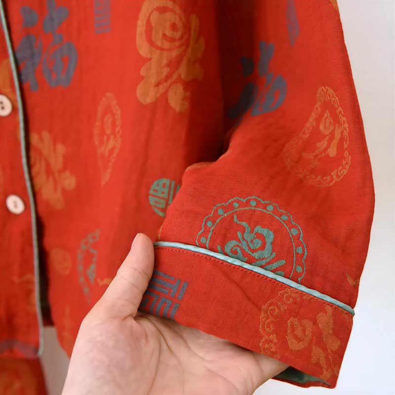 Ownkoti Chinese Red Cotton Fu Motif Pajama Set - image 5