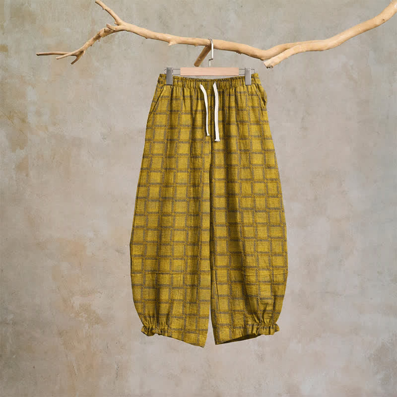 Ownkoti Yellow Plaid Cotton Gauze Harem Pants - Yellow - XL - image 0