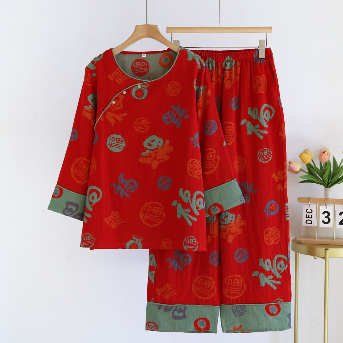 Ownkoti Festive Red Cotton Gauze Couple Pajama Set - Red - Women 2XL - image 2