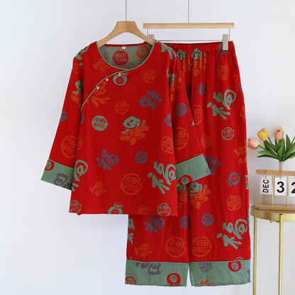 Ownkoti Festive Red Cotton Gauze Couple Pajama Set - Red - Women 2XL - image 2