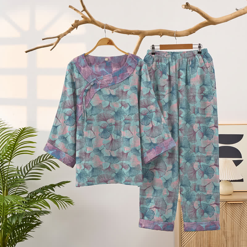 Ownkoti Chinese Style Ginkgo Leaf Pajama Set - Blue - XXL - image 0