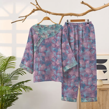 Ownkoti Chinese Style Ginkgo Leaf Pajama Set - Purple - XXL - image 6