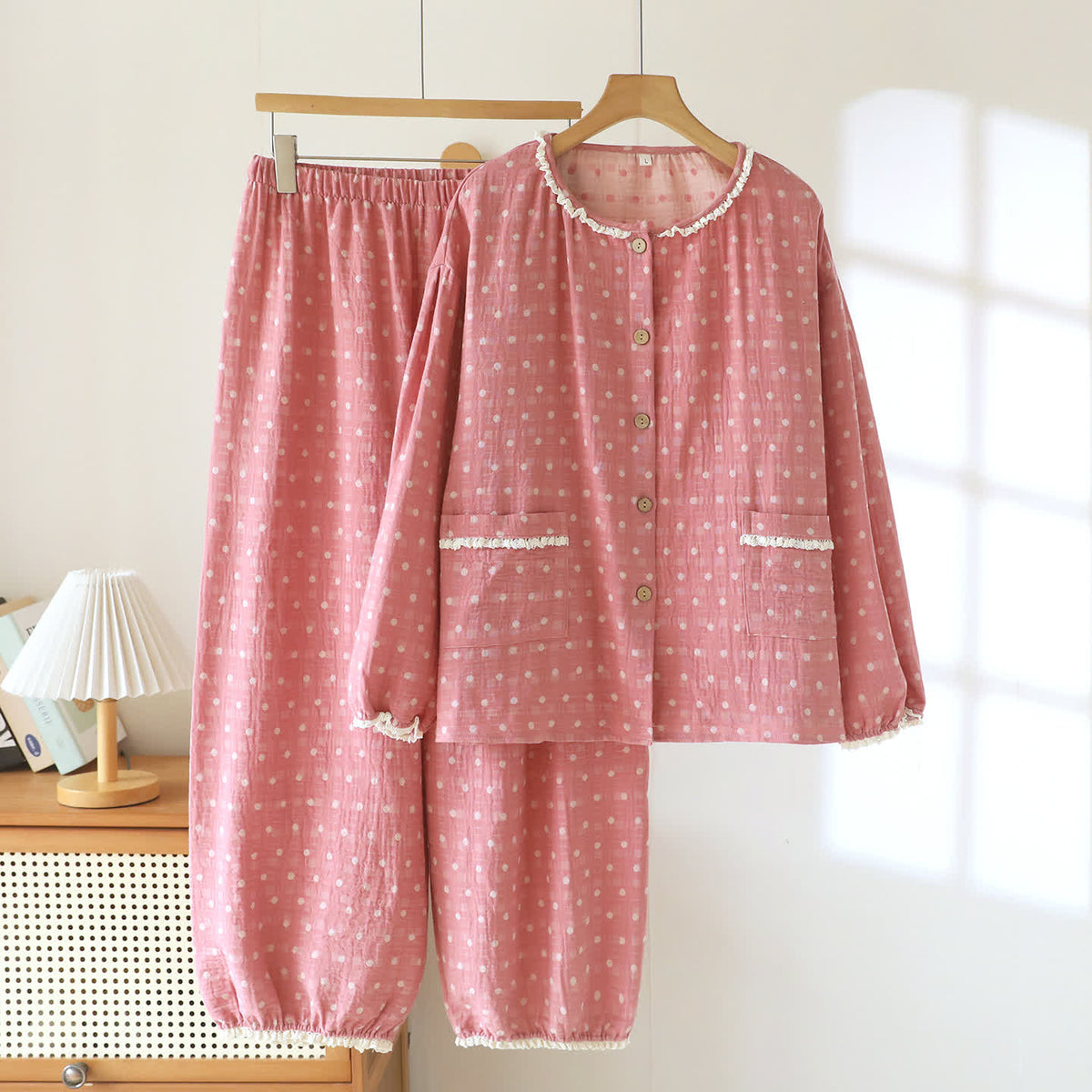 Ownkoti Candy Dot Cotton Gauze Lace Lounge Set - Pink - XXL - image 1