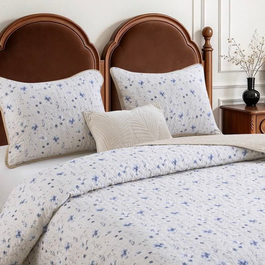 Ownkoti Blue Watercolor Flower Cotton Quilt Set - Creamy White - Quilt with 2PCS Pillowcases - King - image 0