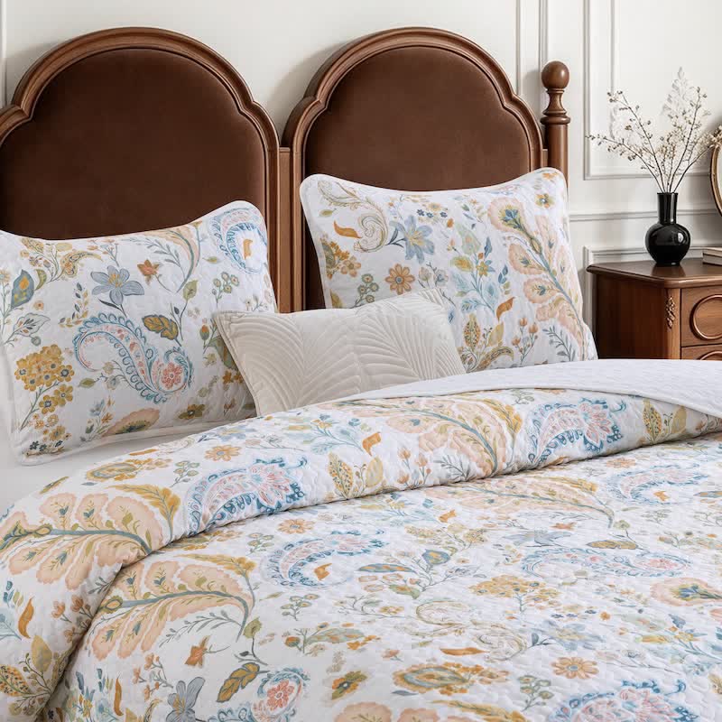 Ownkoti Country Style Multicolor Flower Cotton Quilt Set - Creamy White - Quilt with 2PCS Pillowcases - King - image 0