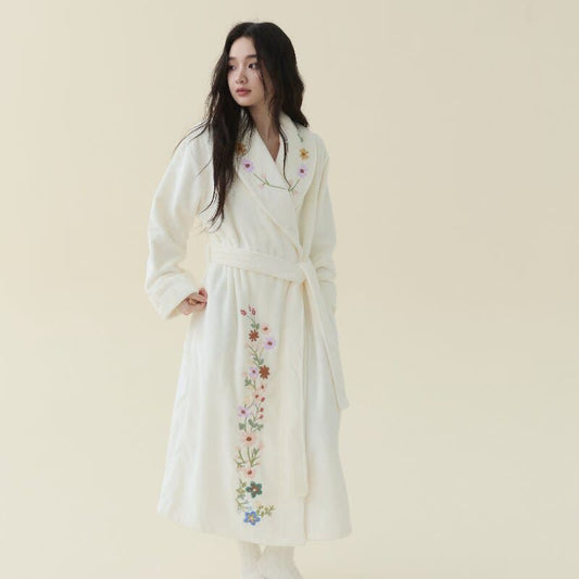 Ownkoti Floral Embroidered Long Shawl Collar Bathrobe - Beige - XL - image 0