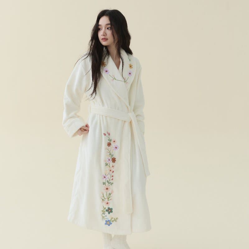 Ownkoti Floral Embroidered Long Shawl Collar Bathrobe - Beige - XL - image 0