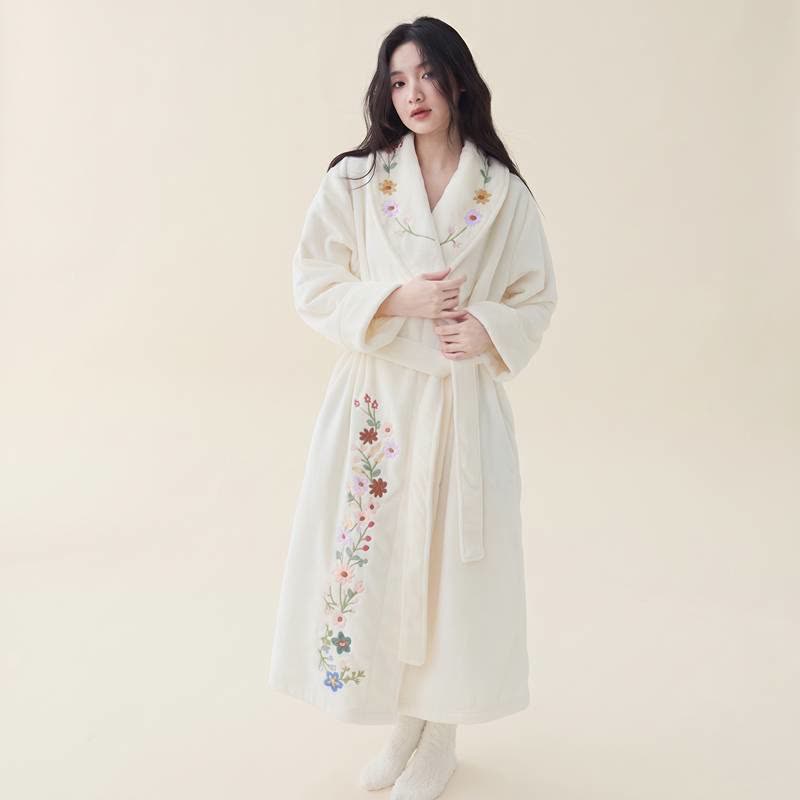 Ownkoti Floral Embroidered Long Shawl Collar Bathrobe - image 1
