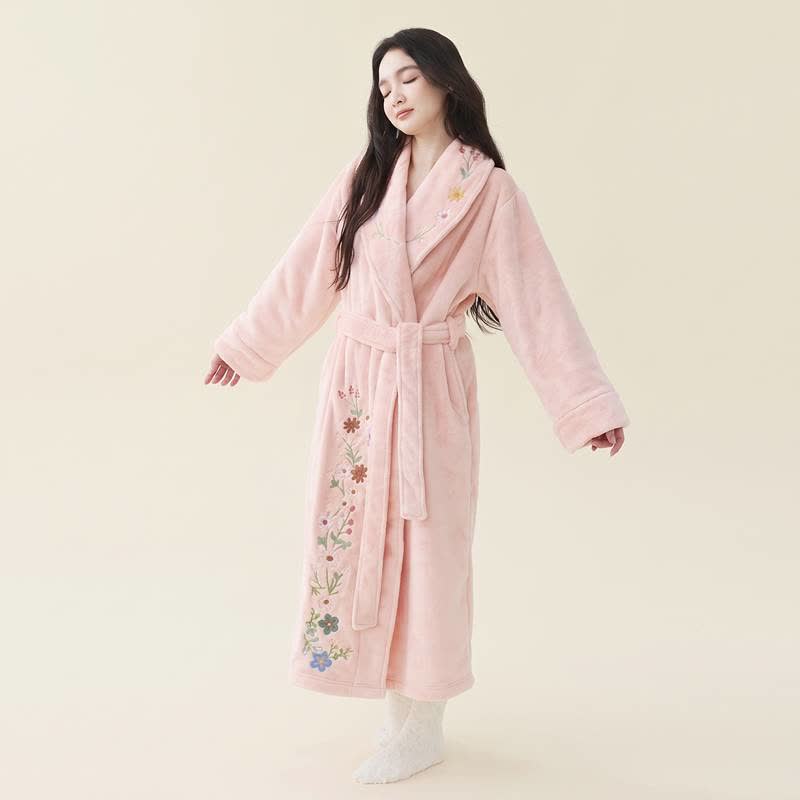 Ownkoti Floral Embroidered Long Shawl Collar Bathrobe - Pink - XL - image 5