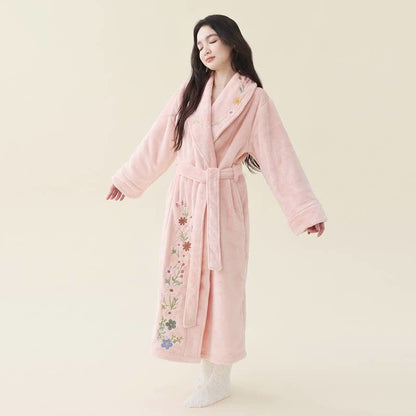 Ownkoti Floral Embroidered Long Shawl Collar Bathrobe - Pink - XL - image 5