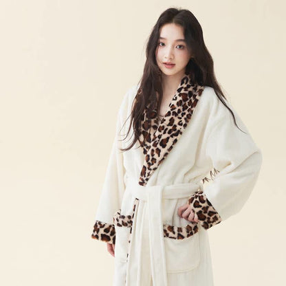 Ownkoti Leopard Trim Long Plush Fleece Bathrobe - image 2