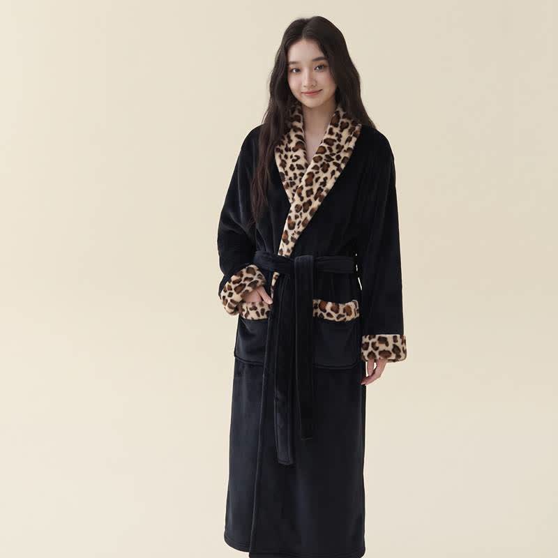 Ownkoti Leopard Trim Long Plush Fleece Bathrobe - image 5