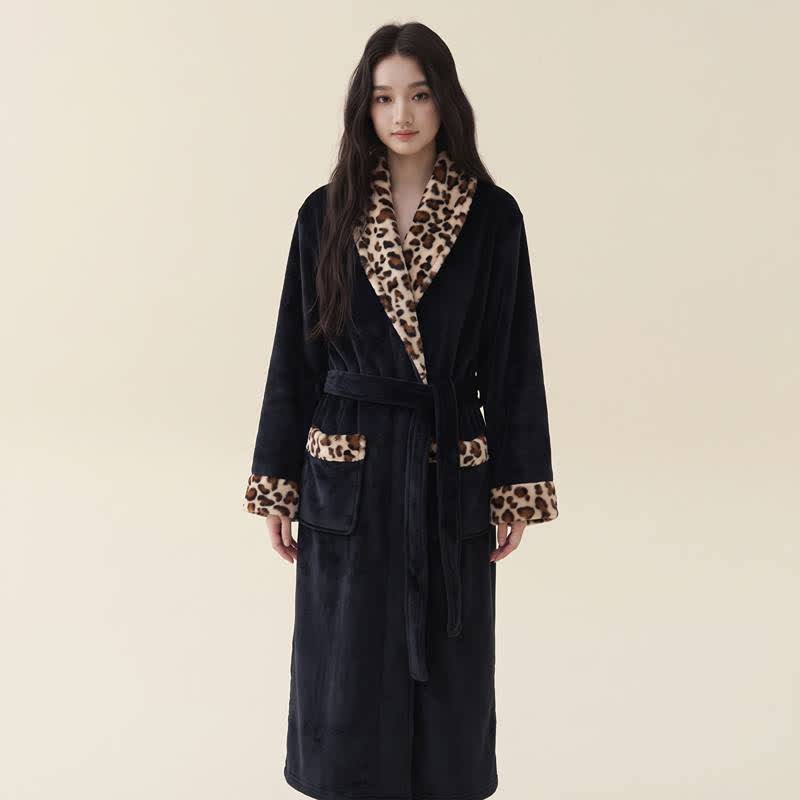 Ownkoti Leopard Trim Long Plush Fleece Bathrobe - Black - XL - image 4