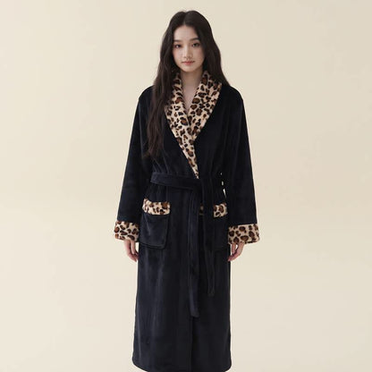Ownkoti Leopard Trim Long Plush Fleece Bathrobe - Black - XL - image 4