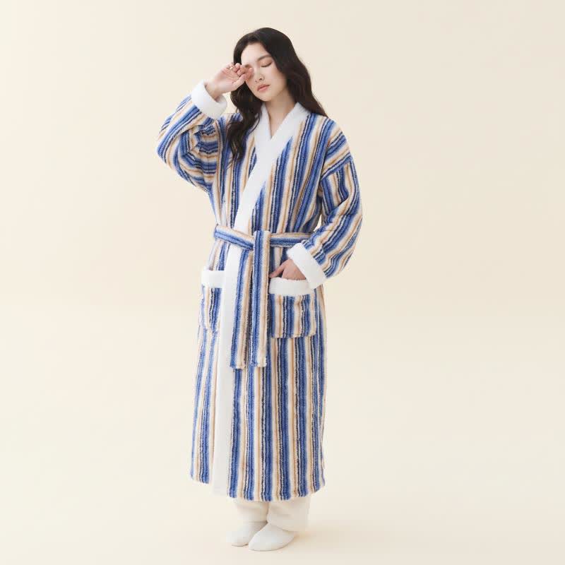 Ownkoti Longline Striped Fleece Kimono Bathrobe - Navy Blue - Women XL - image 7