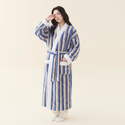 Ownkoti Longline Striped Fleece Kimono Bathrobe - Navy Blue - Women XL - image 7
