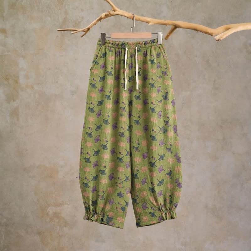 Ownkoti Retro‑Style Ginkgo Leaf Cotton Loose Lounge Pants - Green - XL - image 10