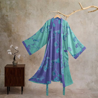 Ownkoti Boho Ginkgo Leaf Cotton Kimono Robe - Blue - XL - image 5