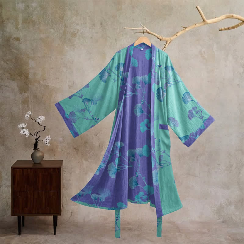 Ownkoti Boho Ginkgo Leaf Cotton Kimono Robe - Green - XL - image 5
