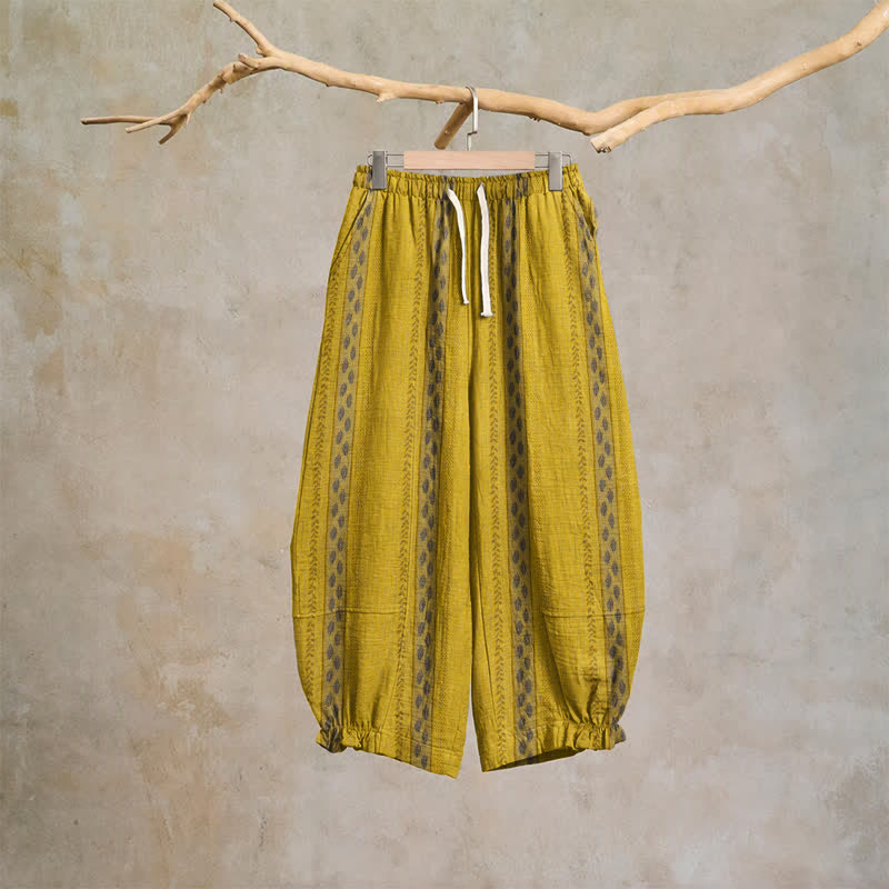 Ownkoti Yellow Striped Leaf Cotton Harem Pants - Yellow - XL - image 0